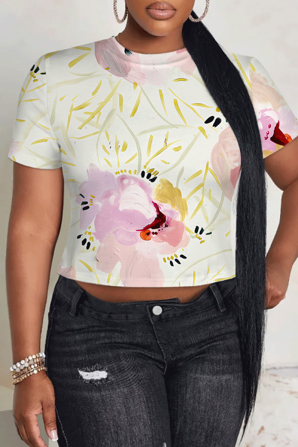 Apricot Casual Camouflage Print Flowers O Neck T-Shirts