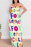 Apricot Sexy Letter Print Pocket Contrast O Neck Printed Dresses