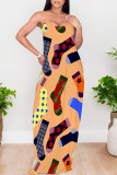 Fluorescent Green Sexy Graffiti Print Pocket Contrast O Neck Printed Dresses