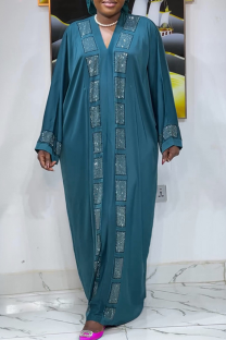 Blue Casual Solid Color Hot Drill V Neck Long Dresses