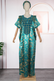 Deep Blue Elegant Print Patchwork Asymmetrical Collar Long Dresses