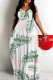 White Green Sexy Flowers Heart Shaped Leaf Print Pocket Contrast O Neck Printed Dresses