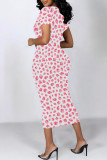 Rose Red Casual Colorblock Flowers Print Contrast O Neck Printed Dresses
