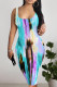 Baby Blue Sexy Striped Print Contrast U Neck Printed Dresses
