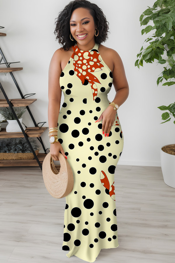 Beige Casual Polka Dot Print Contrast O Neck Printed Dresses