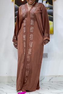 Brown Casual Solid Color Hot Drill V Neck Long Dresses