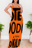 Apricot Sexy Letter Print Pocket Contrast O Neck Printed Dresses