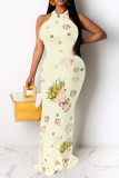 Turquoise Elegant Floral Print O Neck Long Dresses
