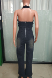 Black Casual Solid Color Patchwork Halter Jumpsuits