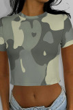 Gray White Casual Camouflage Print Flowers O Neck T-Shirts