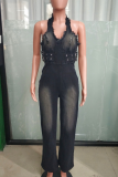 Black Casual Solid Color Patchwork Halter Jumpsuits