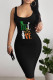 Orange Black Sexy Colorblock Letter Print U Neck Wrapped Skirt Dresses
