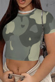 Gray White Casual Camouflage Print Flowers O Neck T-Shirts