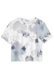 Gray White Casual Camouflage Print Flowers O Neck T-Shirts