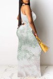 Turquoise Elegant Floral Print O Neck Long Dresses