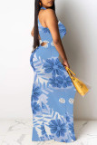 Turquoise Elegant Floral Print O Neck Long Dresses