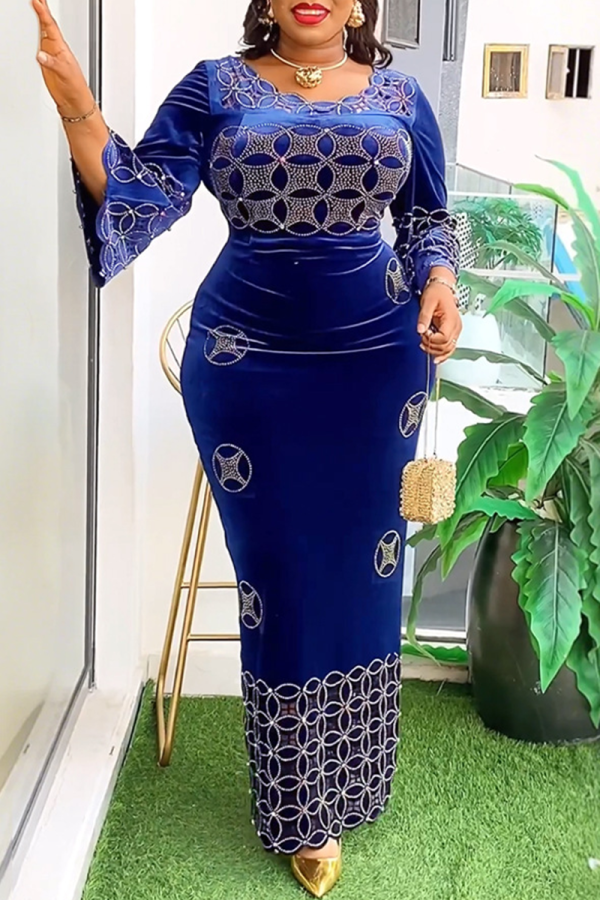 Colorful Blue Elegant Strap Design Hot Drill O Neck Long Plus Size Dresses