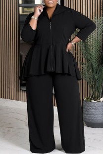 Black Casual Daily Solid Color Patchwork Flounce Zipper Collar Plus Size Two Pieces
