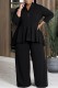 Black Casual Daily Solid Color Patchwork Flounce Zipper Collar Plus Size Two Pieces