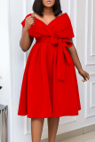 Red Elegant Solid Color Strap Design V Neck Long Dresses