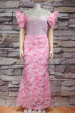 Pink Elegant Solid Color Hot Drill Embroidery Flower Shape Off Shoulder Long Plus Size Dresses
