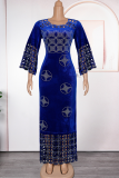 Colorful Blue Elegant Strap Design Hot Drill O Neck Long Plus Size Dresses