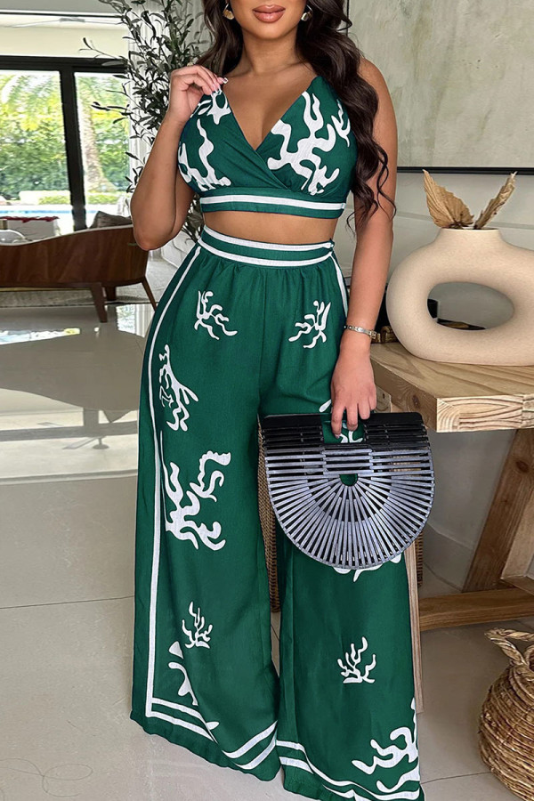 Green Sexy Casual Print Backless Belted Halter Sleeveless Two Pieces