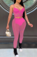 Rose Red Sexy Solid Color Patchwork Spaghetti Strap Sleeveless Two Pieces