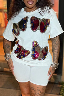 White Casual Daily Butterfly Sequins Patchwork O Neck Short Sleeve Two Pieces