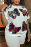 Black Casual Daily Butterfly Sequins Patchwork O Neck Short Sleeve Two Pieces