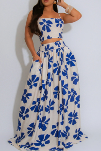 Blue Elegant Print Pocket Spaghetti Strap Sleeveless Two Pieces