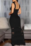Black Sexy Solid Color Hollow Out Backless V Neck Long Dresses