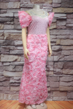 Pink Elegant Solid Color Hot Drill Embroidery Flower Shape Off Shoulder Long Plus Size Dresses