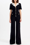 Black Casual Patchwork Contrast Turndown Collar Regular Jumpsuits