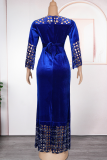 Colorful Blue Elegant Strap Design Hot Drill O Neck Long Plus Size Dresses