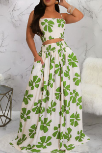 Green Elegant Print Pocket Spaghetti Strap Sleeveless Two Pieces