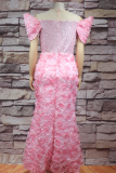 Pink Elegant Solid Color Hot Drill Embroidery Flower Shape Off Shoulder Long Plus Size Dresses