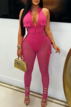 Rose Red Sexy Solid Color Pocket Zipper Zipper Collar Sleeveless Two Pieces