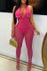 Rose Red Sexy Solid Color Pocket Zipper Zipper Collar Sleeveless Two Pieces