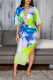 Turquoise Sexy Casual Elegant Print Slit Ruched Deep V Neck Half Sleeve Two Pieces