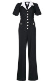 Black Casual Patchwork Contrast Turndown Collar Regular Jumpsuits