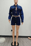 Deep Blue Casual Solid Color Patchwork Turndown Collar Long Sleeve Two Pieces
