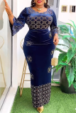 Colorful Blue Elegant Strap Design Hot Drill O Neck Long Plus Size Dresses