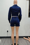 Deep Blue Casual Solid Color Patchwork Turndown Collar Long Sleeve Two Pieces