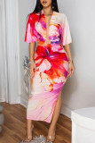 Red Sexy Casual Elegant Print Slit Ruched Deep V Neck Half Sleeve Two Pieces