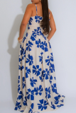 Blue Elegant Print Pocket Spaghetti Strap Sleeveless Two Pieces