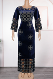 Colorful Blue Elegant Strap Design Hot Drill O Neck Long Plus Size Dresses