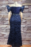 Pink Elegant Solid Color Hot Drill Embroidery Flower Shape Off Shoulder Long Plus Size Dresses