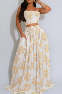 Apricot Elegant Print Pocket Spaghetti Strap Sleeveless Two Pieces
