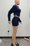Deep Blue Casual Solid Color Patchwork Turndown Collar Long Sleeve Two Pieces